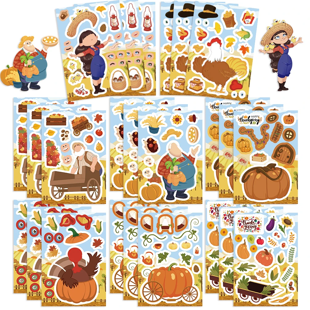 8/16/32pcs Thanksgiving Day Pumpkin Puzzle Stickers Children Make a Face Cartoon Assemble Kids Toys DIY Sticker Decoration