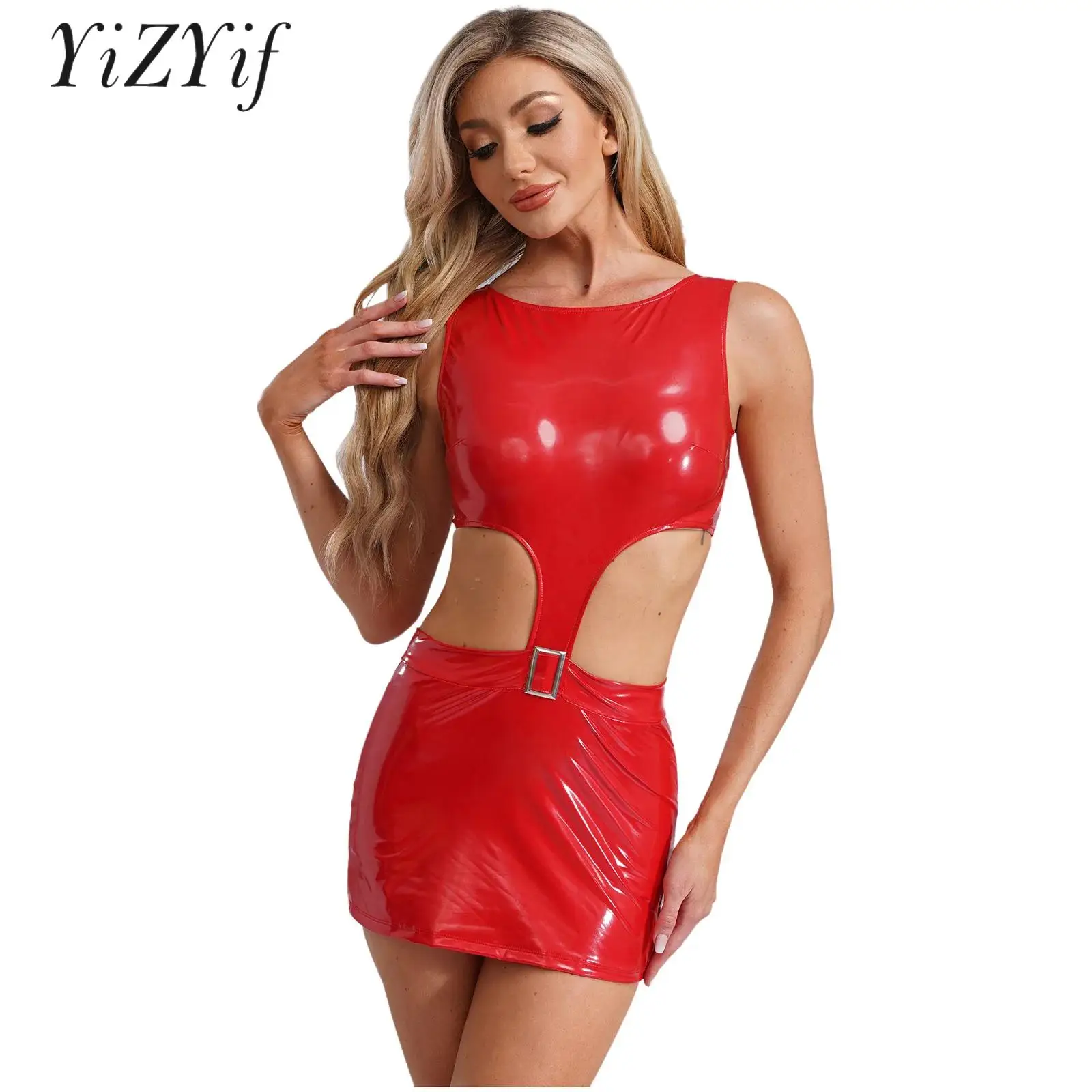 Women Latex Bodycon Mini Dress Dancewear Sleeveless Cutout Waist Back Zipper Package Hip Dress for Disco Party Bar Club Wear