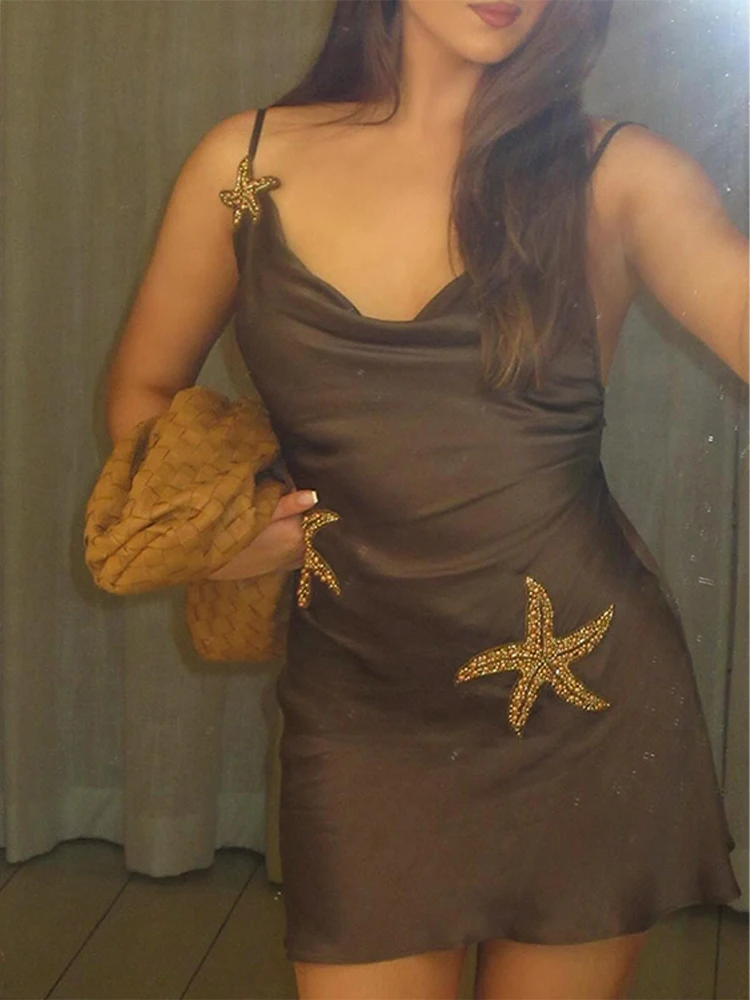 Sea Star Halter Women Dress Silk Satin Stacked Collar Suspender Slim Fit Sexy Backless Strap Short Dresses Fashion Camisole New