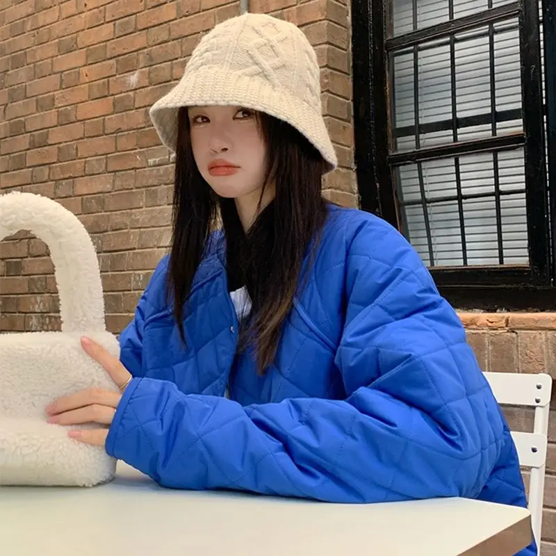Klein Blue Diamond Pattern Thiened Cotton Jaet Winter New Lazy Bf Sle Warm Women's Mid-Length Cotton Coat Outerwear