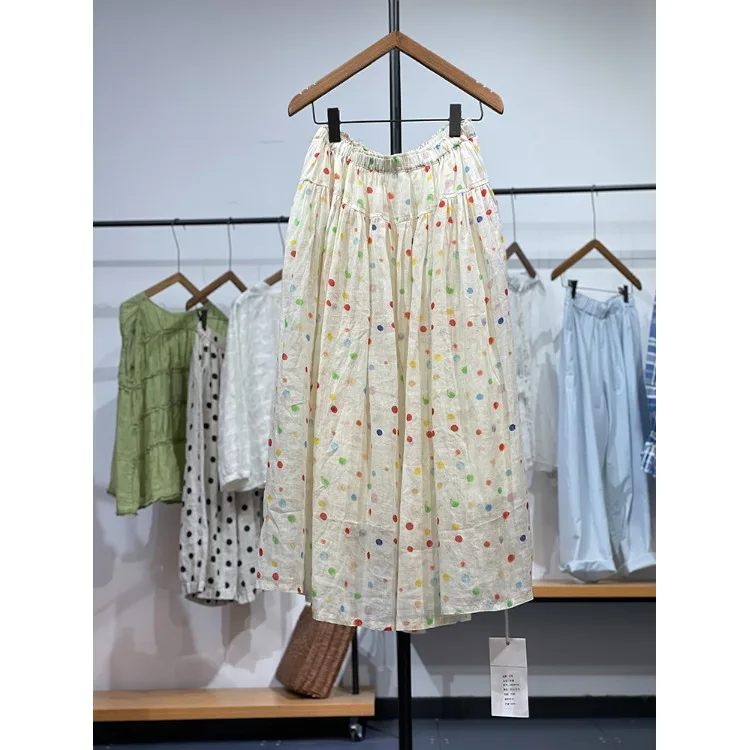 

Хлопково-льняная юбка в горошек с высокой талией, свободная длинная драпированная длинная женская юбка трапециевидной формы средней длины, летняя мода