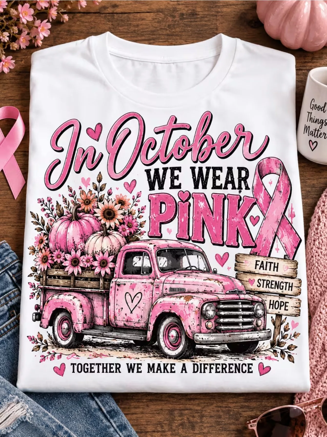 In October We Wear Pink Unisex T-Shirt Pure Breast Cancer Awareness Pink Ribbon Vintage Truck Pumpkin Floral Graphic Support Hope Fall Crew Neck Short Sleeve Tee
