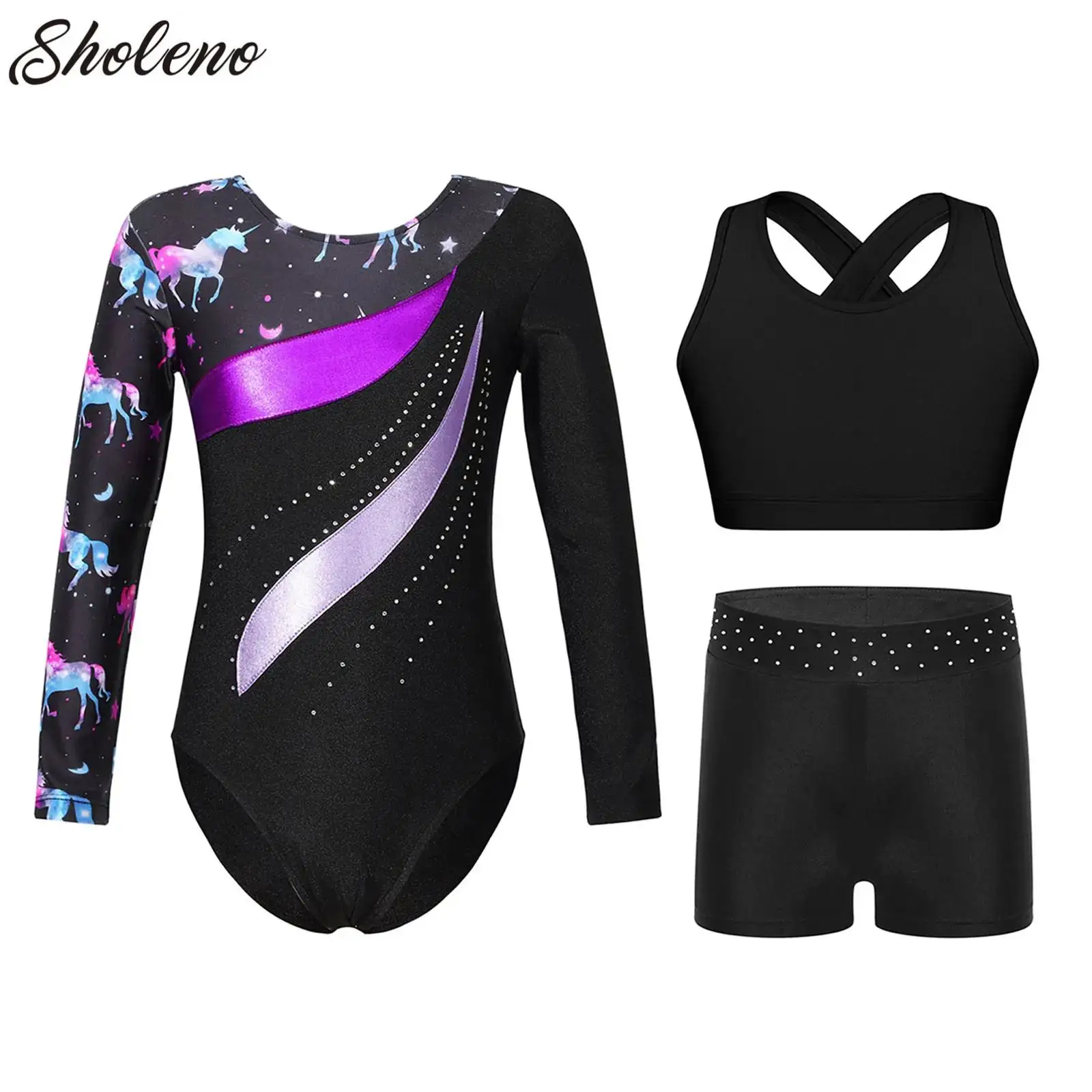 

Children Long Sleeve Ballet Dance Outfits Girls Yoga Unitards Kids Gymnastics Leotards Jumpsuit with Shorts Vest Dancewear Sets