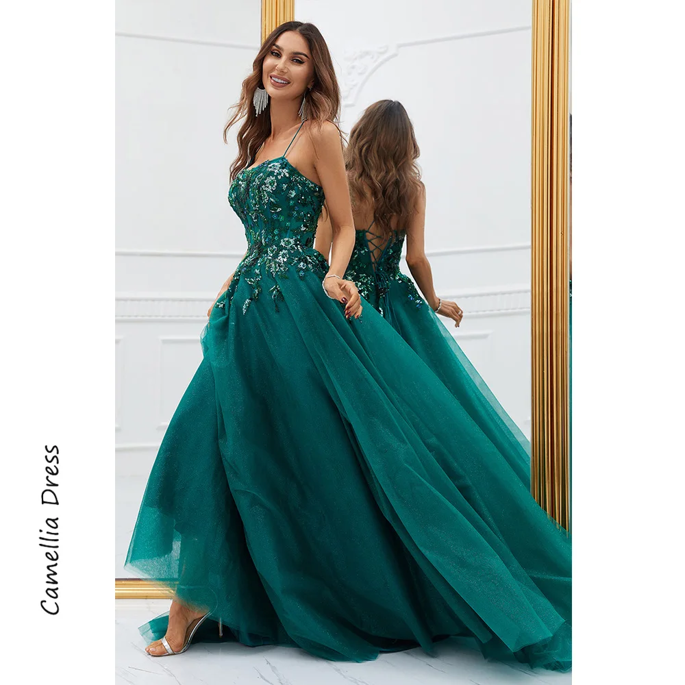 Rotterdam Kly-Robe de Soirée en Tulle Vert Foncé avec Appliques, Robes Formelles, Une Ligne, Éducative