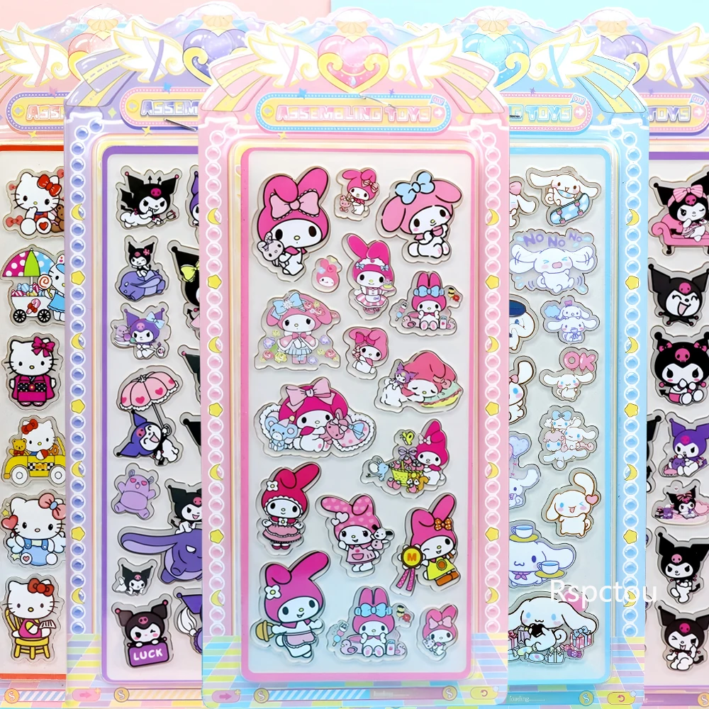 4pcs Kawaii Sanrio Acryl 3D Relief Stickers Esthetische Anime Decals Speelgoed Waterdicht Cinnamoroll My Melody Kuromi Sticker