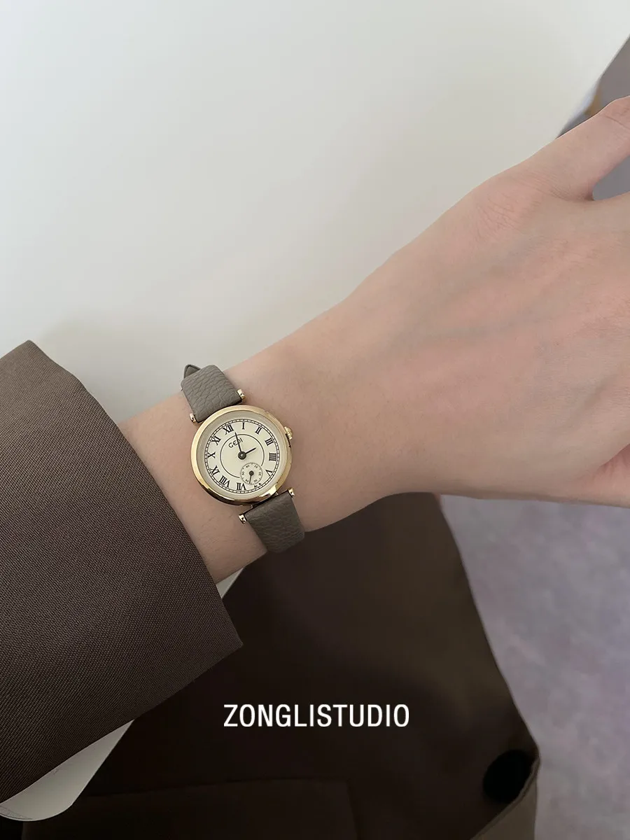 Retro And Artistic Women'S Watch, Round Dial, Exquisite Korean-Style Design, Fashionable Leather Strap, Versatile For Students.