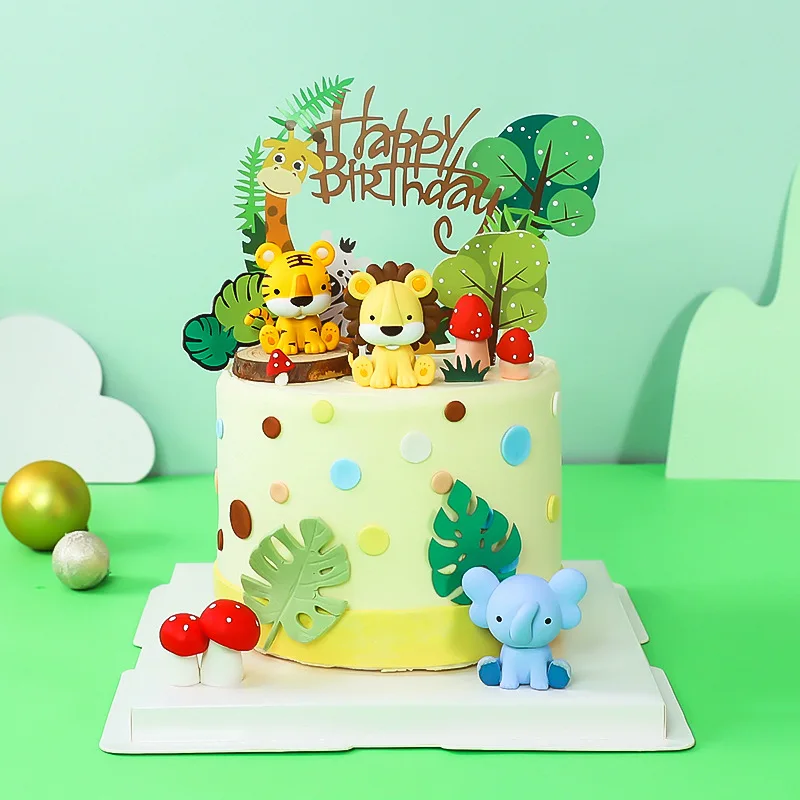 Cake Topper Baking Birthday Happy Cake Decoration Forest Small Animal Tiger Lion Elephant Monkey Forest Wild Pastoral Green Leaf