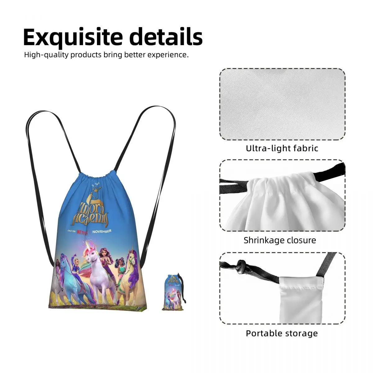 Unicorn Academy Drawstring Backpack Sports Gym Bag Portable Travel Drawstring Bag for Men Women