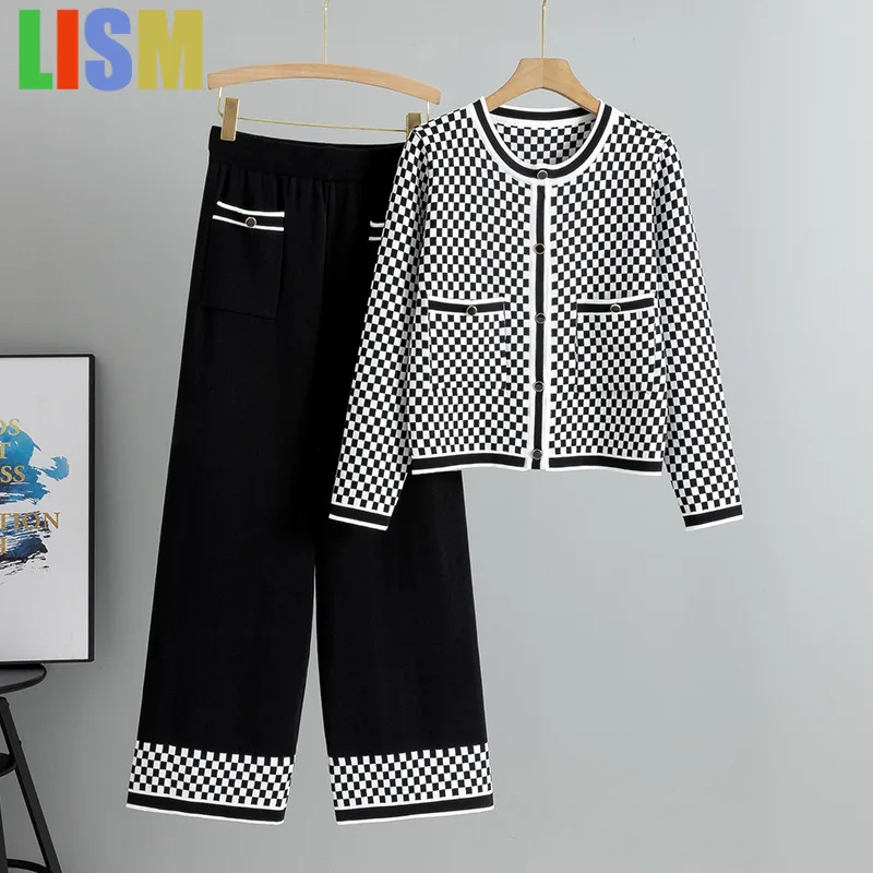 

LISM winter Plaid two piece set Checkered cardigan sweater set for women 2025 casual wide leg pants knitted Pants sets outfit