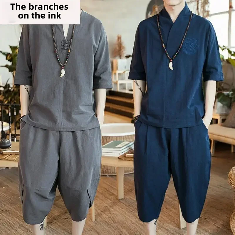 Nuevo Traje de Lino de Verano para Hombre, Estilo Chino, Camiseta de Manga Corta, Conjunto de 2 Piezas, Corte Holgado, Pantalones 7/8