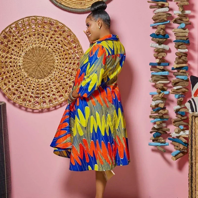 GUWU فستان قميص بأكمام طويلة مطبوع على شكل حرف a فضفاض غير رسمي بحاشية كبيرة أنيق بطول الركبة فستان نسائي ميدي ملابس الخريف