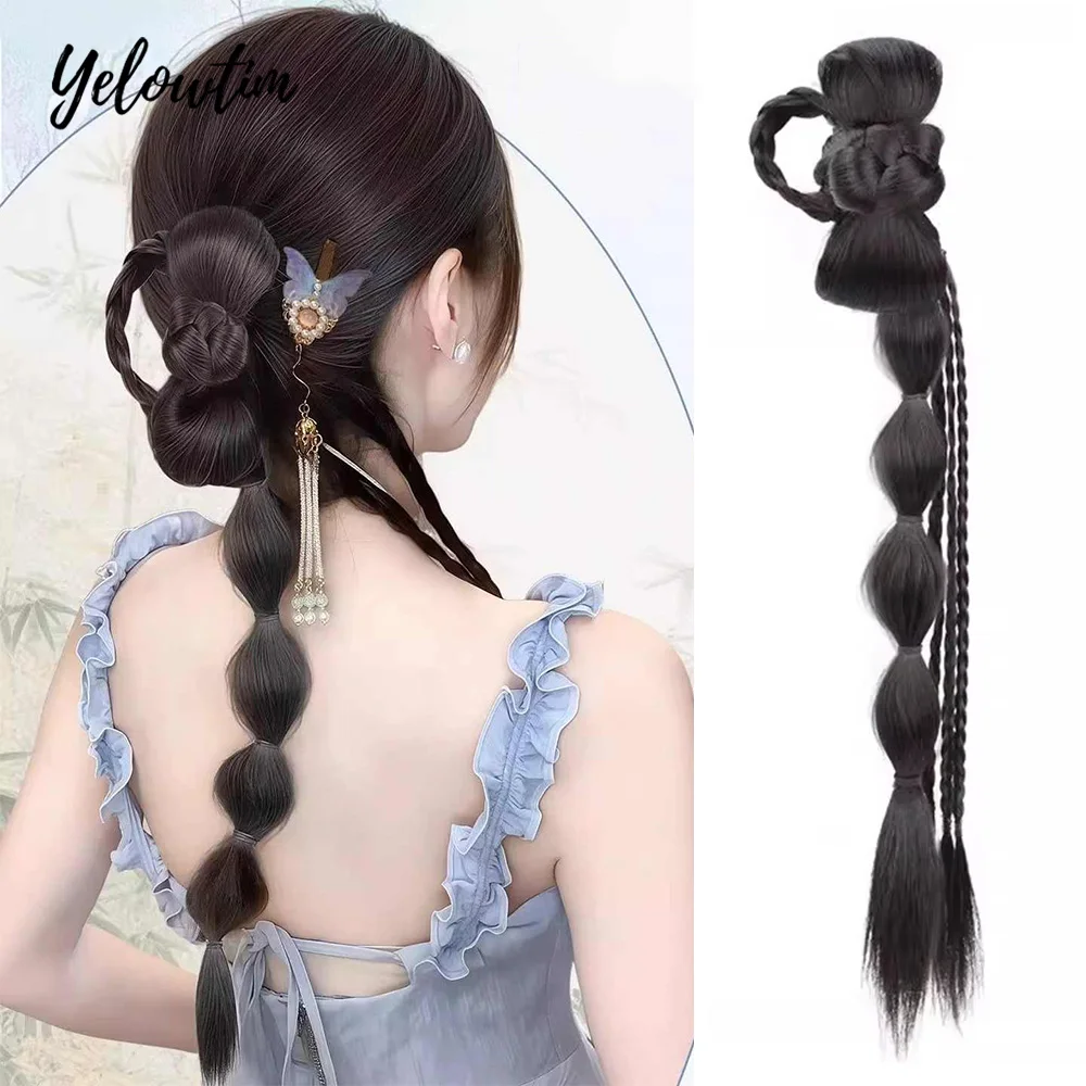 

Synthetic Ponytail Bubble Braid Wig Hanfu Cheongsam Side-tie Ball Head Clip-on Twisted Braids Extension Simulated Flower Bud