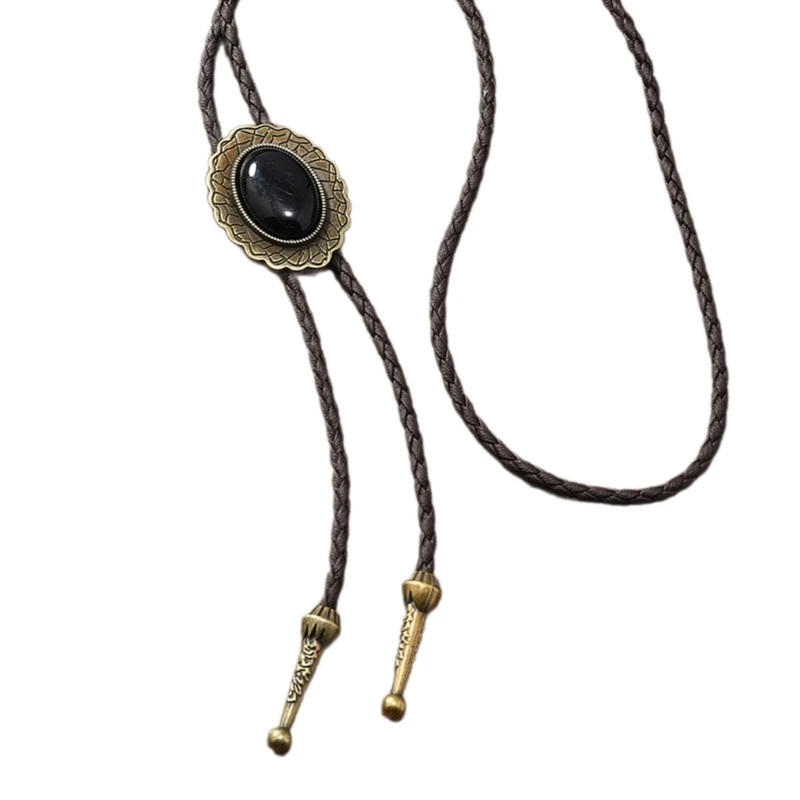 Western Bolo Tie Neckties Necklace with Metal Bird Stone Cowboy Hat Pendant