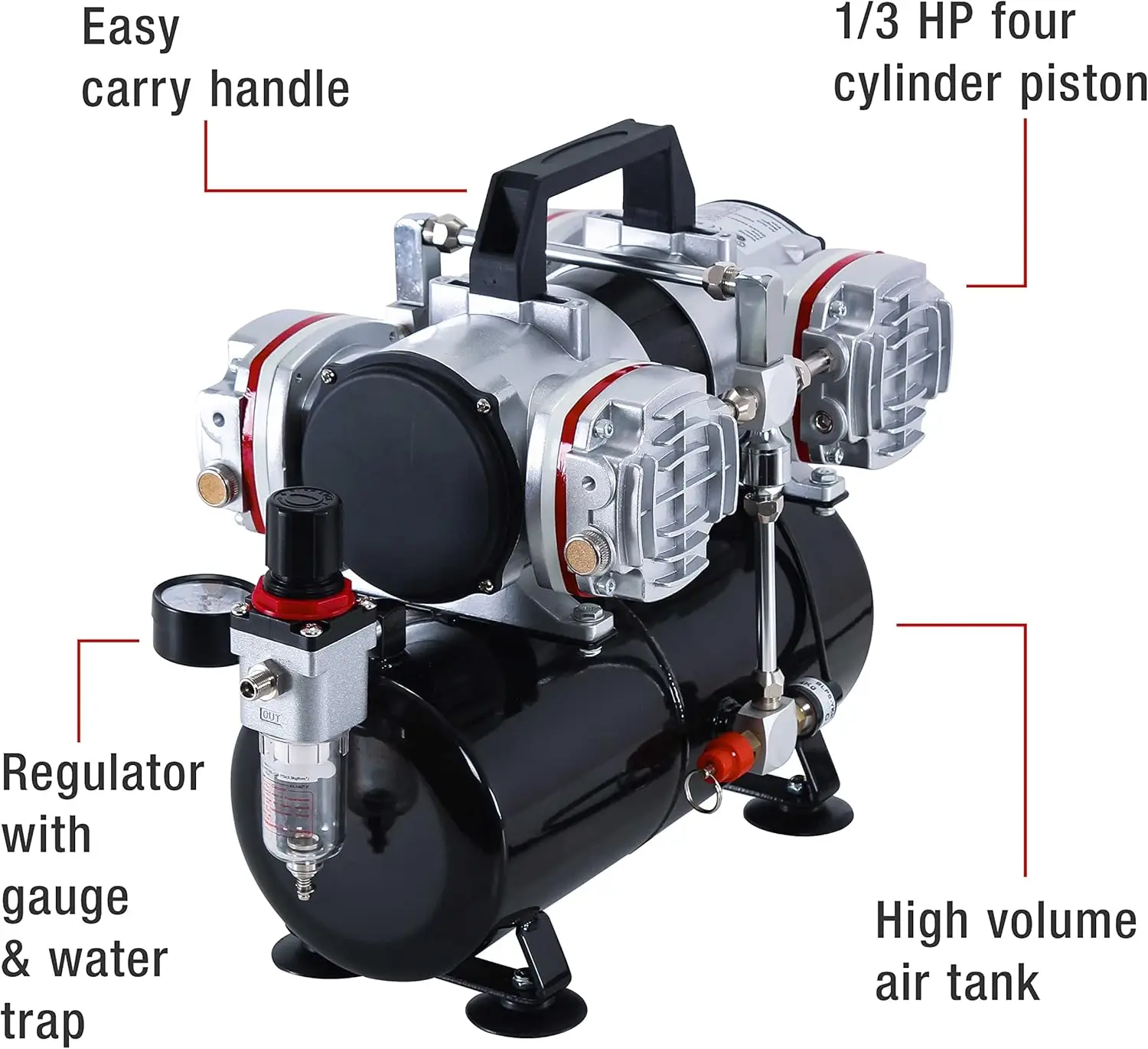 Model TC-848 High-Performance Four Cylinder Piston Air Compressor with Tank and Free 6 Inch Airbrush Hose