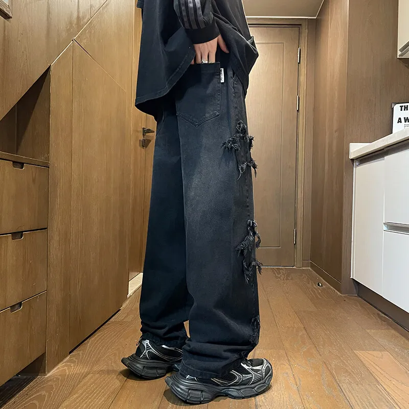 Celana Denim Katun Pria Pakaian Jalanan Hip Hop 2025 Jeans Lurus Kasual Remaja Musim Semi Musim Gugur Celana Panjang Pinggang Serut Longgar Koboi
