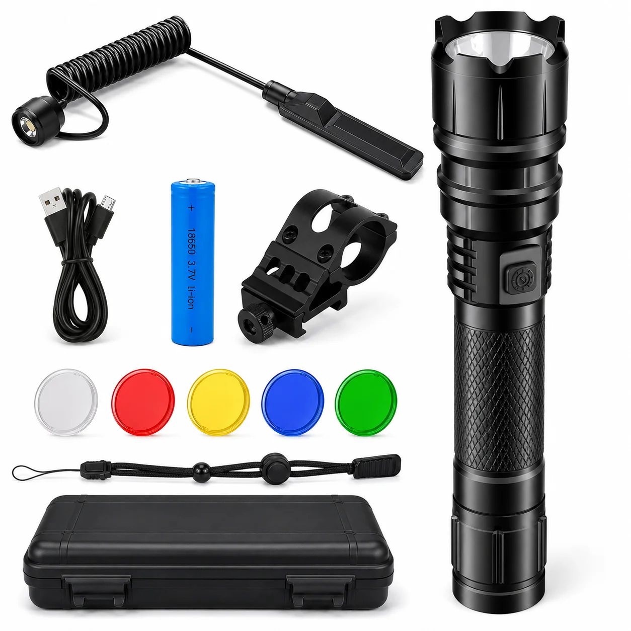 5-color-tactical-flashlight-2000lm-type-c-rechargeable-led-torch-with-red-yellow-blue-green-filters