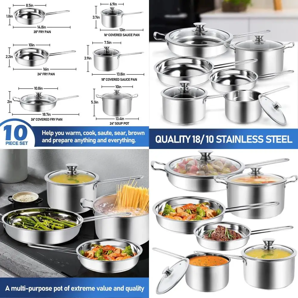 

Stainless Steel 10-Piece Cookware Set: Home Chef's Essential with Pots, Pans, Dutch Oven, and More