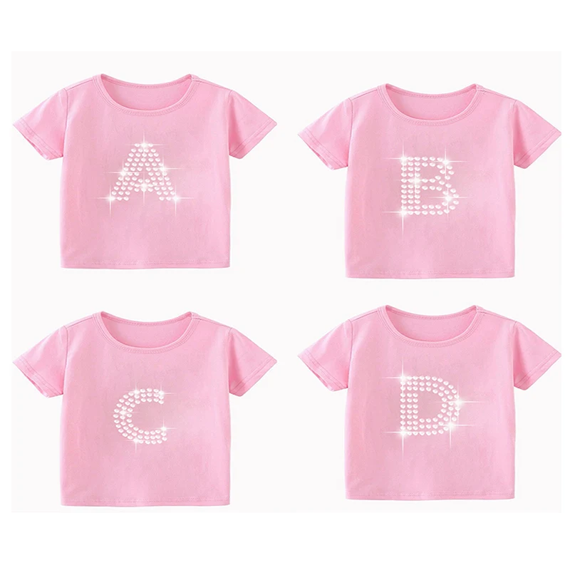 New Kids Girl T Shirt Summer Baby Rhinestone 26 Letter Tops Toddler Tees Y2k Children Clothing Cartoon T-shirts Short Sleeve 2-9