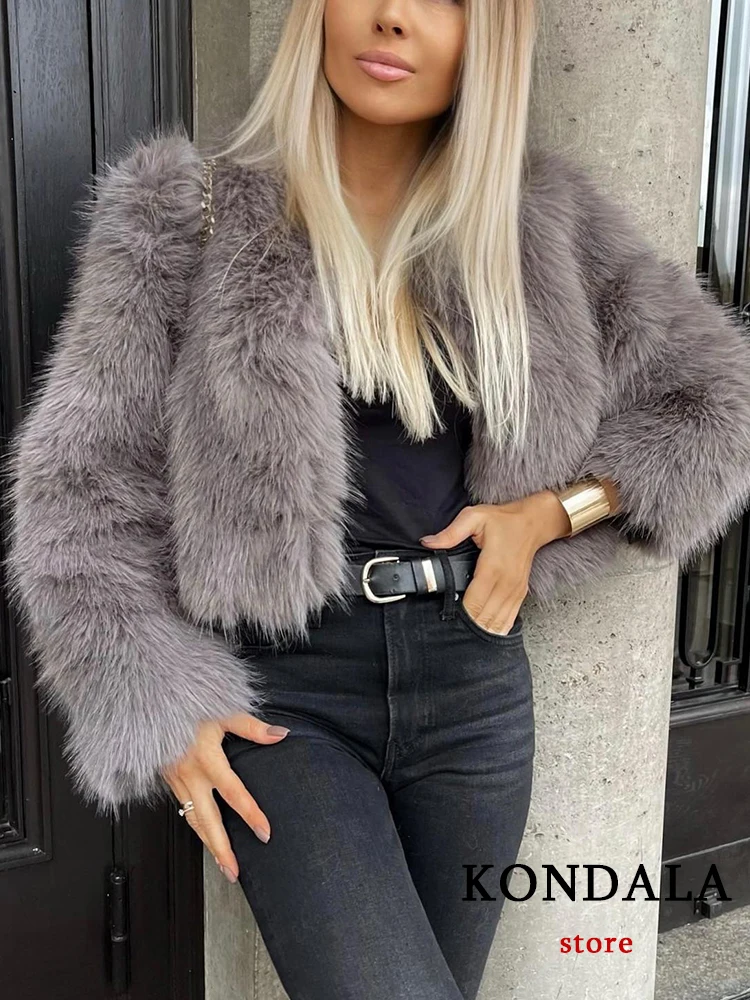 KONDALA Vintage Gray Faux Fur Jackets Women O Neck Buttons Long Sleeve Coats Fashion 2024 Elegant Thick Outwears