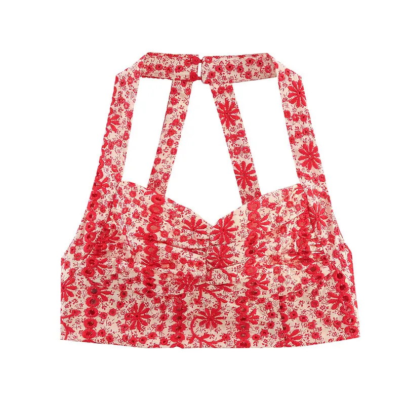 Coleção Sazonal 2025 de Moda Fena: Top Curto com Decote em V Vazado e Bordado E e Personalidade para o Verão.