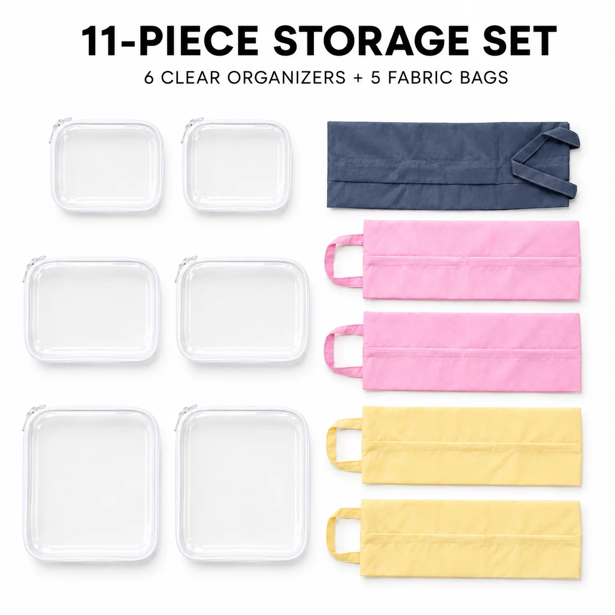 11-Piece Travel Storage Organizer Set, 6 Clear Zipper Pouches + 5 Fabric Storage Bags, Portable Packing Organizers for Clothes, Cosmetics, Toiletries, Luggage, Closet & Home Organization