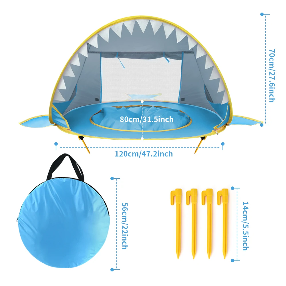 Tienda de playa emergente para bebé con piscina, refugio portátil para el sol de tiburón con protección UPF UV 50 + para niños pequeños