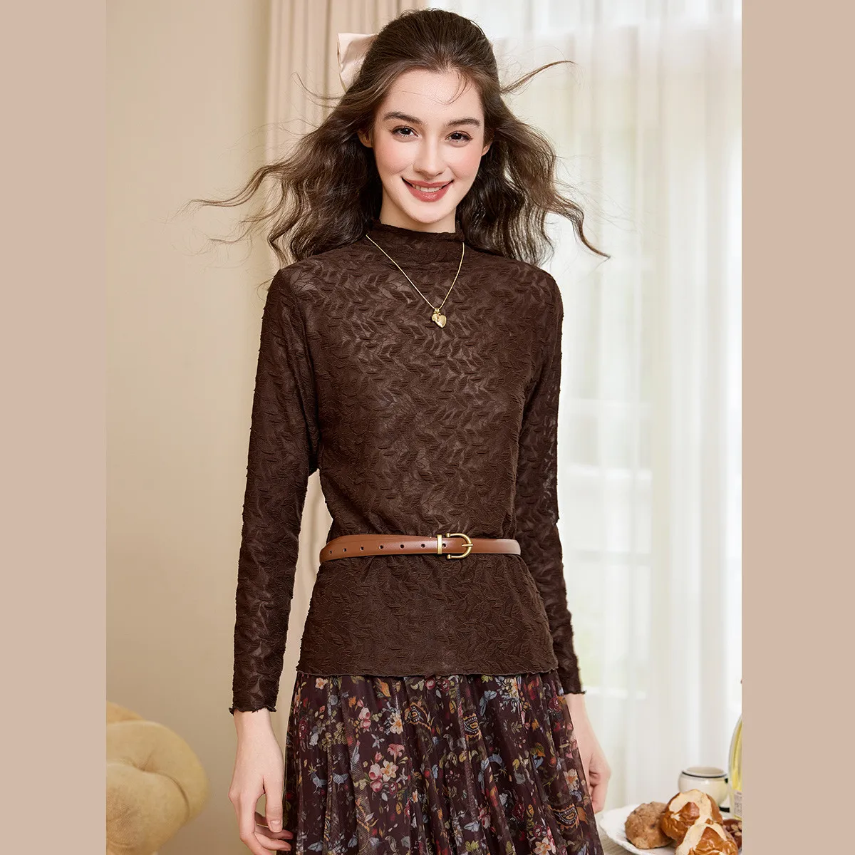 LOUISYAO Jacquard Base Shirt 2026 Autumn Winter Women Soft Slightly Stretchy Long Sleeve Pullover Tee