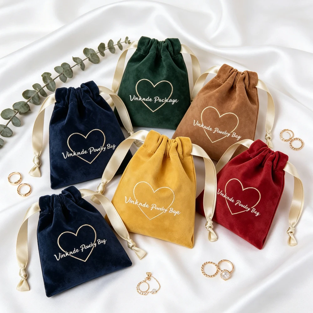 

100Pcs Luxury Soft Flannel Jewelry Pouch Custom Logo Velvet Ribbon Drawstring Hair Extension Perfume Oil Key Packaging Pouches