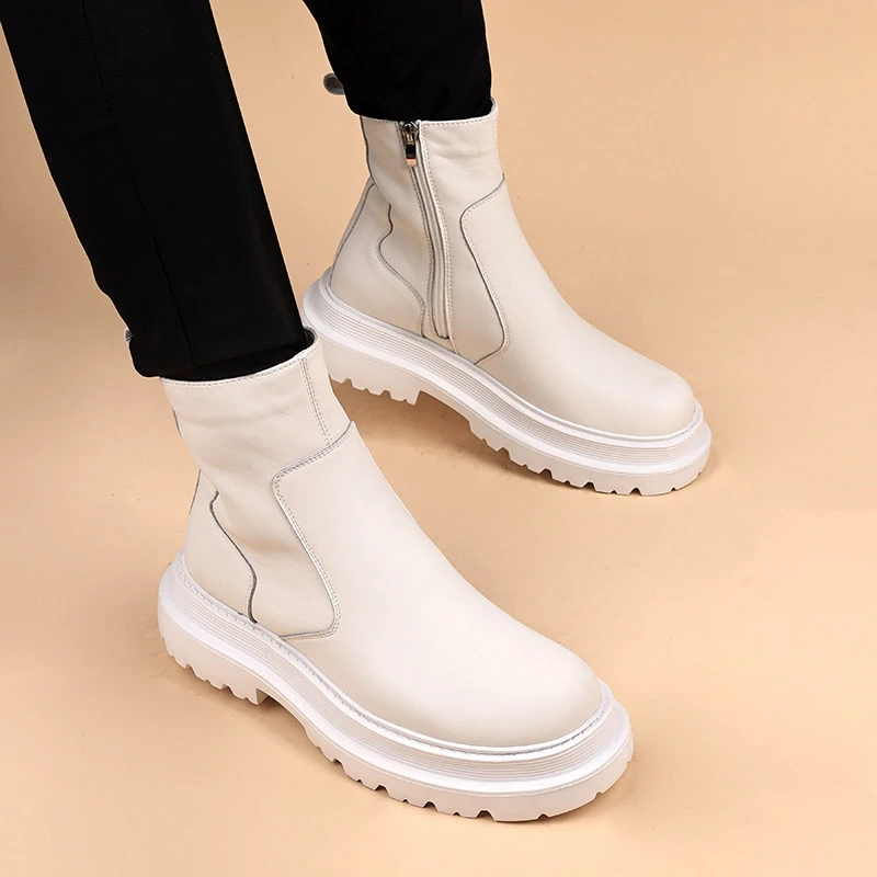 Botas Chelsea altas de moda para hombre, zapatos de diseñador en blanco y negro, botas de cuero originales estilo cowboy, botas de plataforma elegantes para hombre