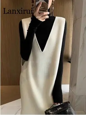 

Autumn And Winter Knitted Pullover Sleeveless Vest Cashmere V-Neck Sweater Dress Women's Loose Long Skirt Over Knee Length