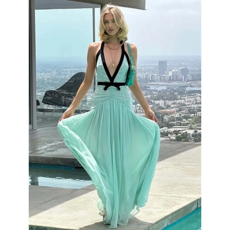 

Элегантное вечернее платье мятного цвета с глубоким V-образным вырезом, открытой спиной и драпировкой из сетки для женщин, для отпуска и вечеринок