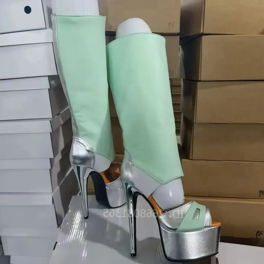 Women Mint Green Silver Peep Toe Knee High Boots 2026 New Fashion Platform Stiletto Heel Open Toe Party Clubwear Stage Shoes
