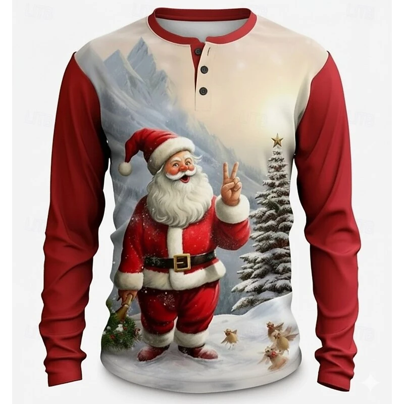 Men's Long Sleeve Henry T shirt Funny Santa Claus Print Button Tops Tee Fashion Henry Collar Loose Shirts Christmas Men Clothing
