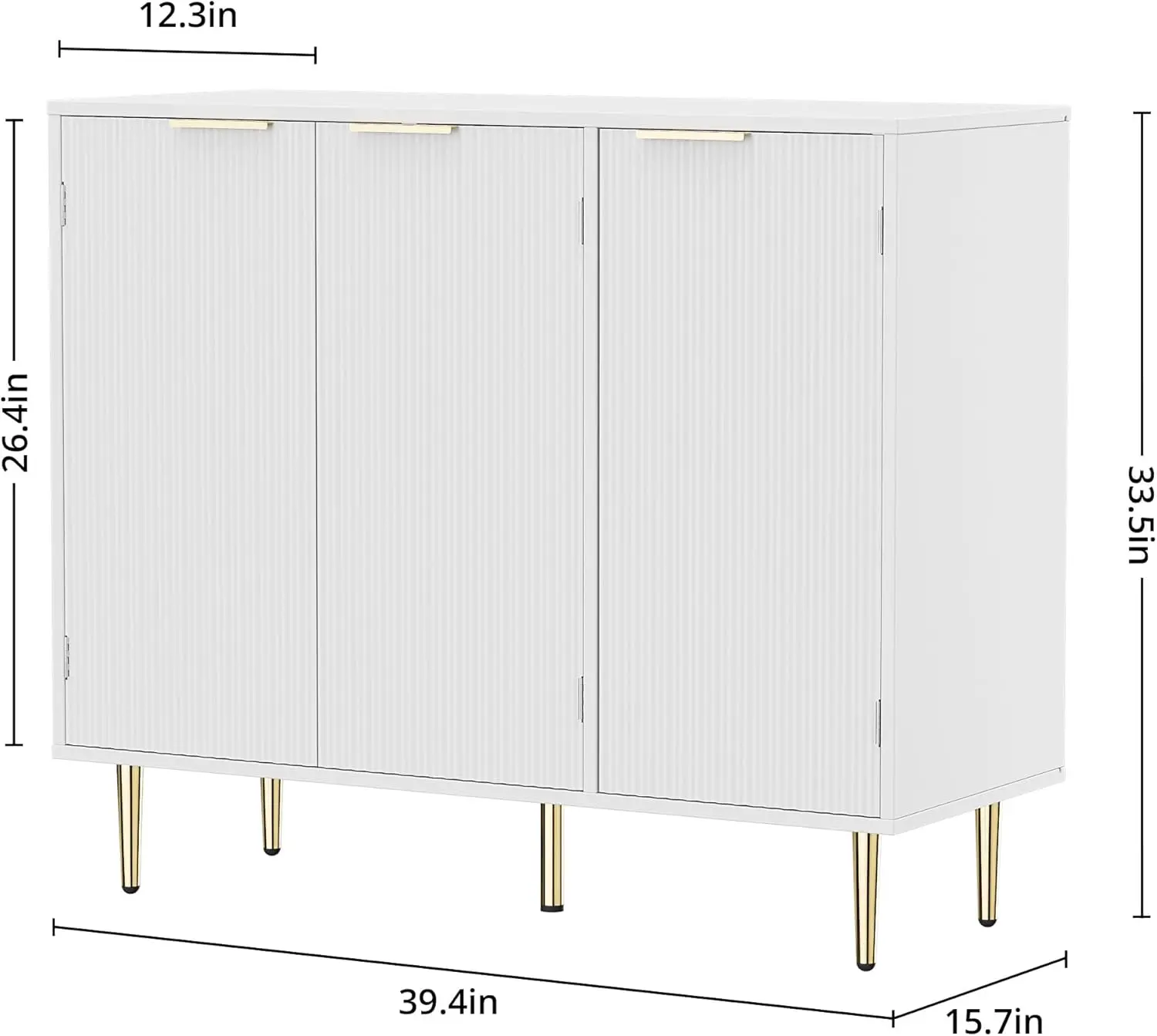 Geriffeltes Sideboard-Buffet mit 3 Türen, moderner weißer Schrank mit verstellbaren Regalen, Stauraum für Küche und Wohnzimmer