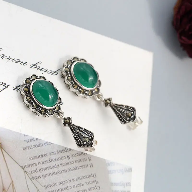 Vintage 925 Sterling Silver Earrings Retro Style Thai Silver Inlaid Natural Green Agate Earring Women Fine Jewelry Gift