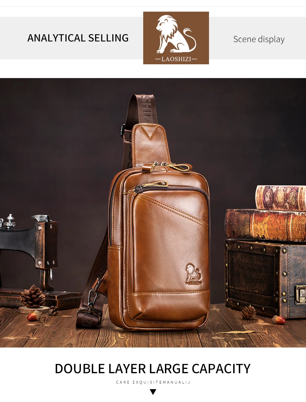 Steel Lion Herren-Brusttasche aus echtem Leder, großes Fassungsvermögen, vorne, Kartensteckplatz, Stifthalter, Tablet-Hülle, einzelne Schulter-Crossbody-Tasche – Detail 8
