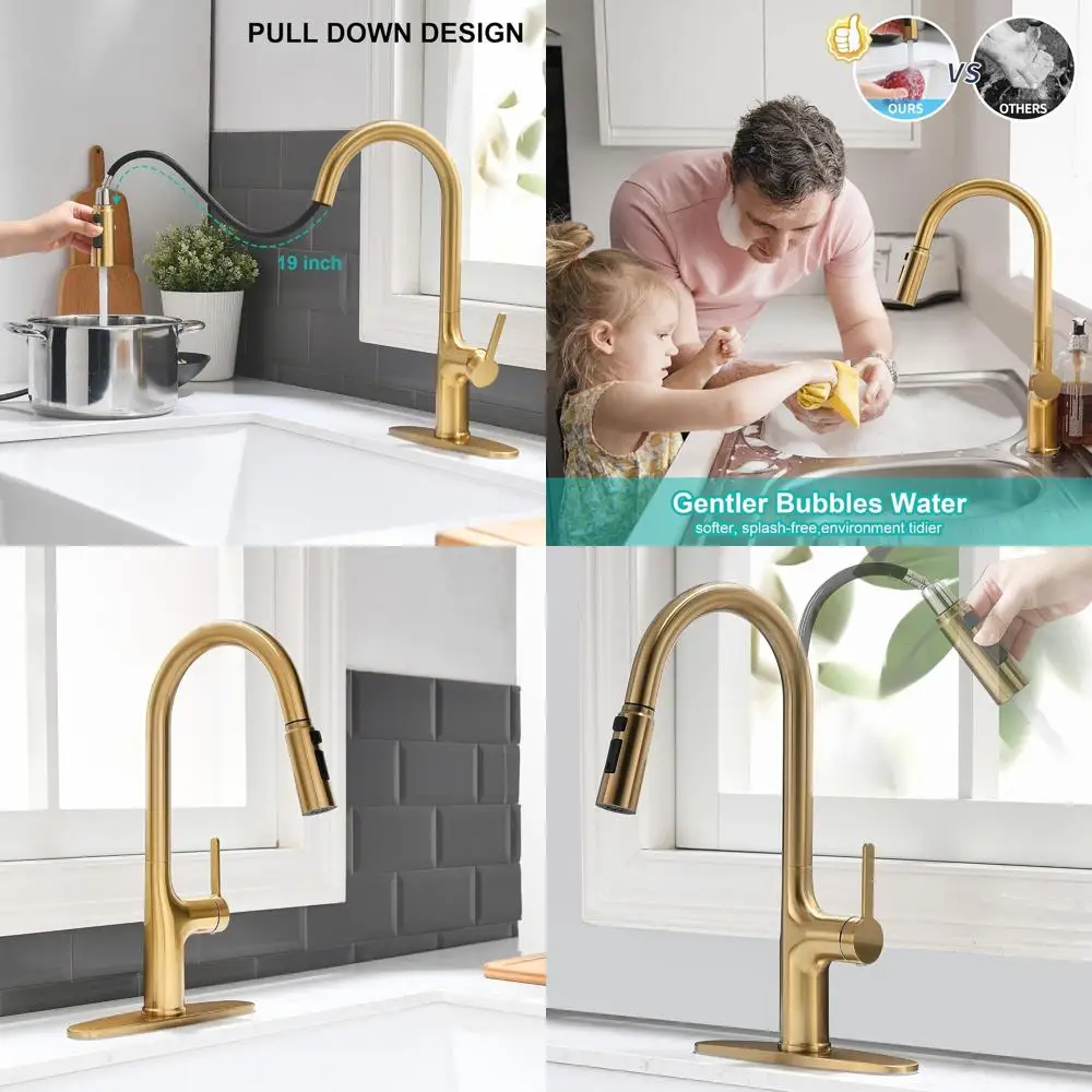 

Modern Gold Kitchen Faucet with Single Handle, Pull-Down Sprayer, 3-Function Head, Suitable for 1 or 3 Hole Installations