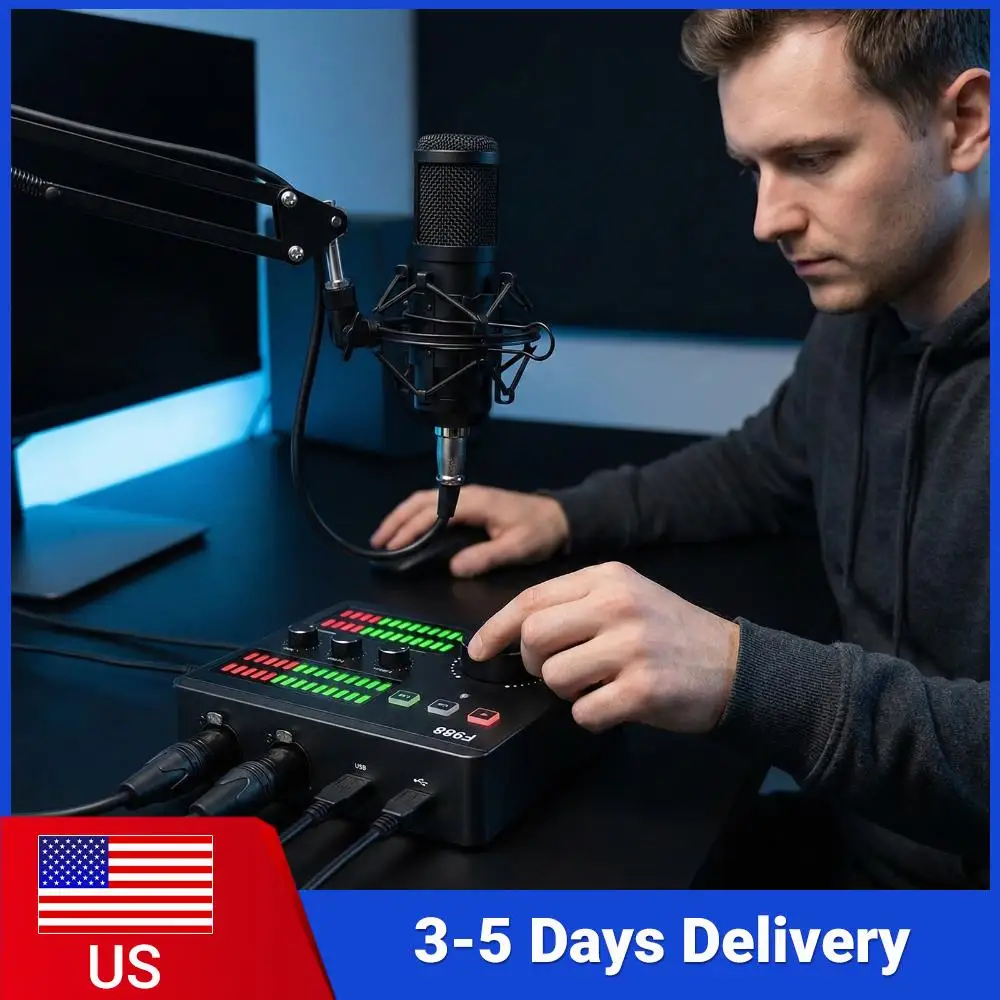 

DJ-микшер с функцией изменения голоса, звуковой картой, аудиомикшером, шумоподавлением, студийными конденсаторными микрофонами, набор микрофонов для прямой трансляции