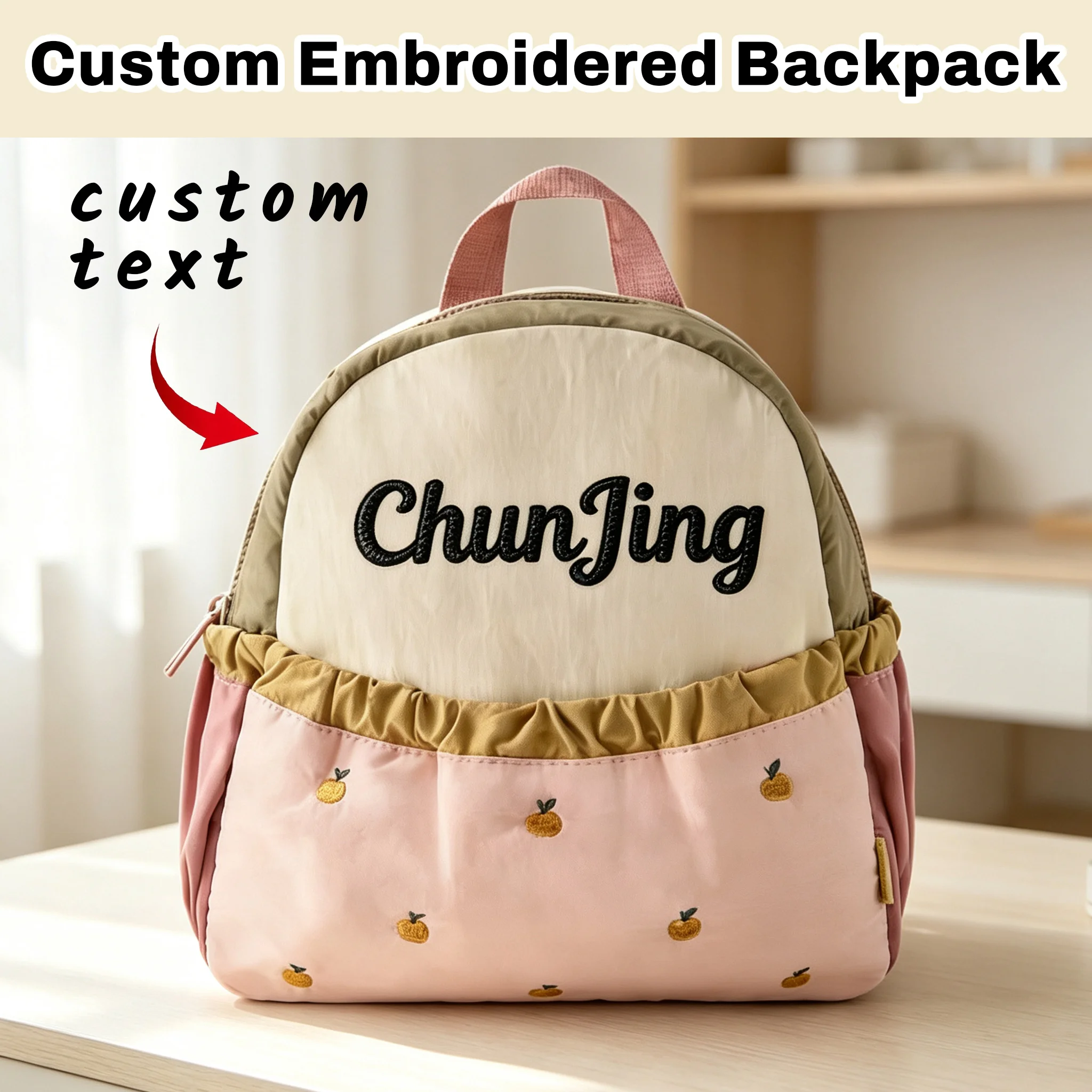 Custom Name Embroidered Kids Backpack, Cute Apple Print Color Block Toddler Backpack, Mini Lightweight Travel Backpack for Boys