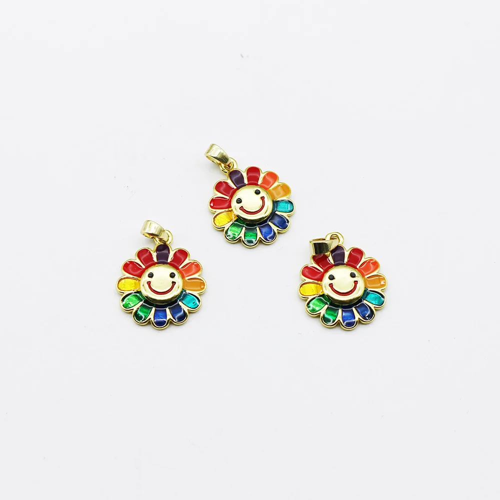 2-Pack Rainbow Smiley Sunflower Pendants DIY Beading Bracelet Necklace Cartoon Drip Oil Jewelry Charms view 5