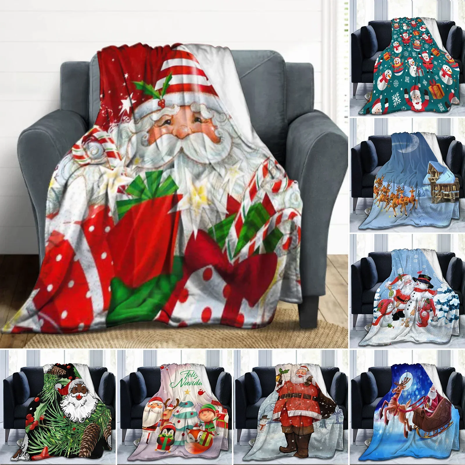 3D Print Merry Christmas Blanket Sofa Cover Throw Santa Claus Xmas New Year Blanket Fleece Warm Bed Blankets for Bedroom Couch