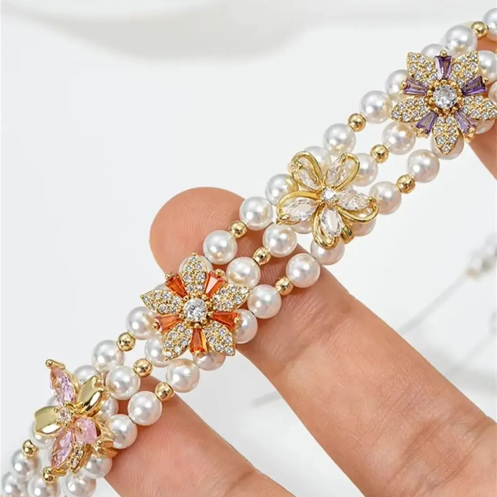 

Zircon Flower 14K Gold-plated Rose Shaped Double Three Row Separated Bead Three Hole Spacer DIY String Pearl Bracelet Accessory