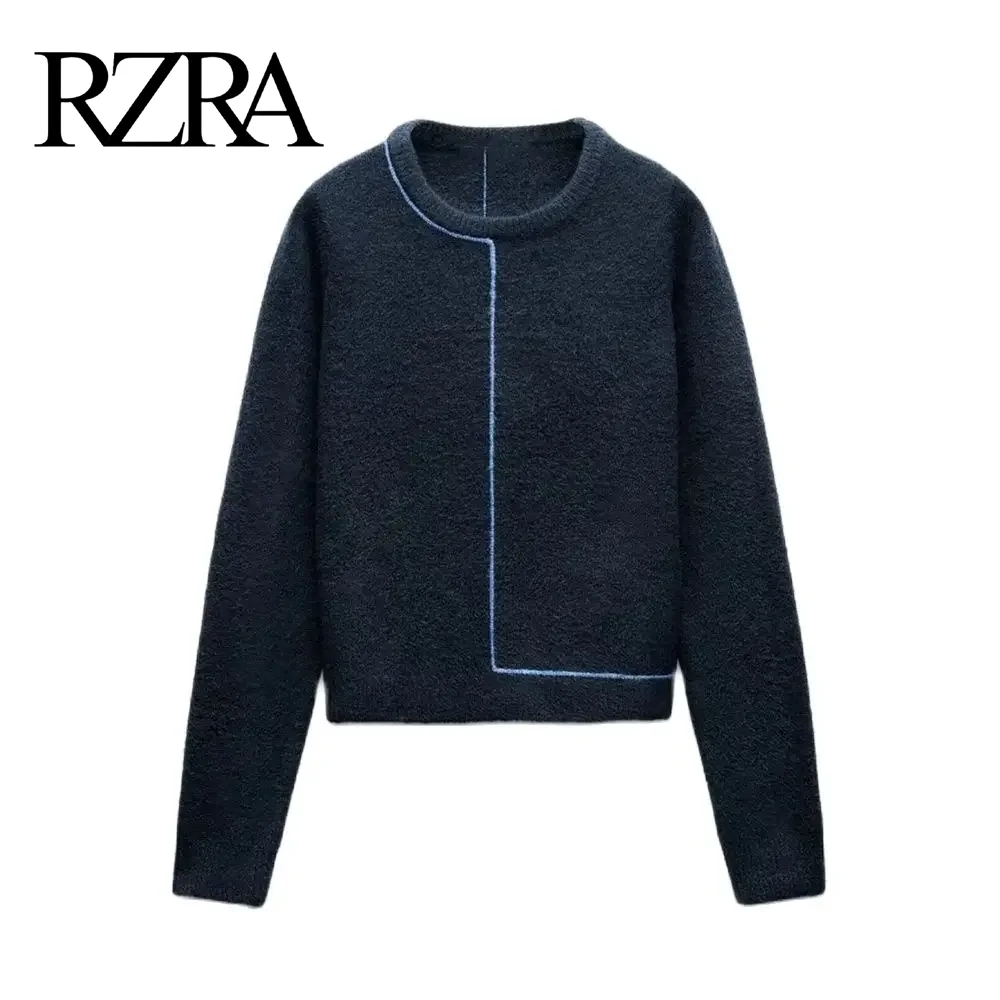 RZRA original 2024 autumn and winter new women's commuting warm contrast color trim long-sleeved round neck knitted pullover