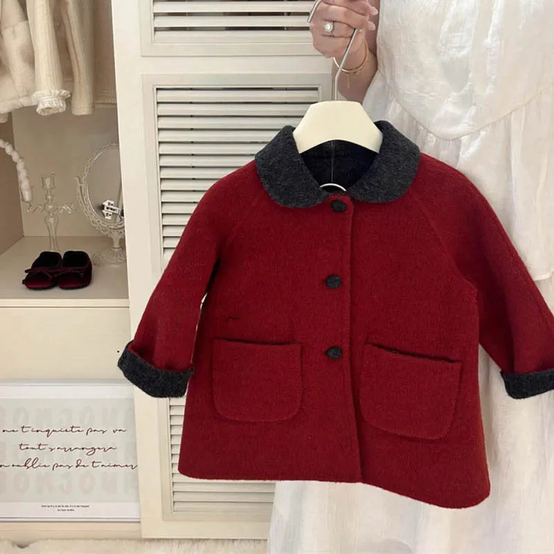 Baby Girls' Woolen Coat Autumn Winter New Children's Two Sided Woolen Jacket Mid-length Lace Up Bow Christmas Red Warm Outerwear