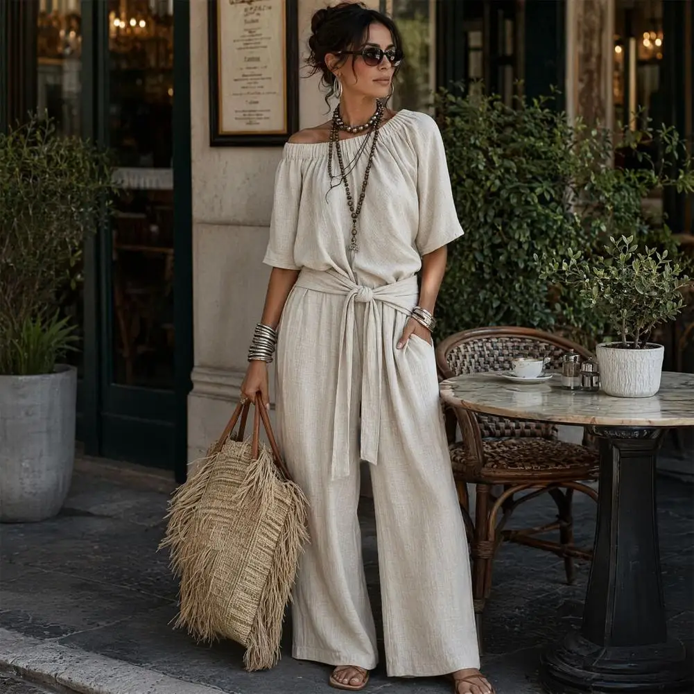 Comfortable Jumpsuit Women's Off Shoulder Jumpsuit with Tie Waist Short Sleeve Wide Leg Rompers Summer Casual One for Women