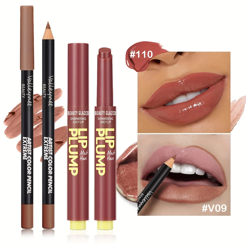 Zestaw 2 szt. nawilżającej pomadki z drobnym brokatem + drewniany konturówka do ust, matowa, długotrwała, wodoodporna formuła, łatwa w nakładaniu koloru.
