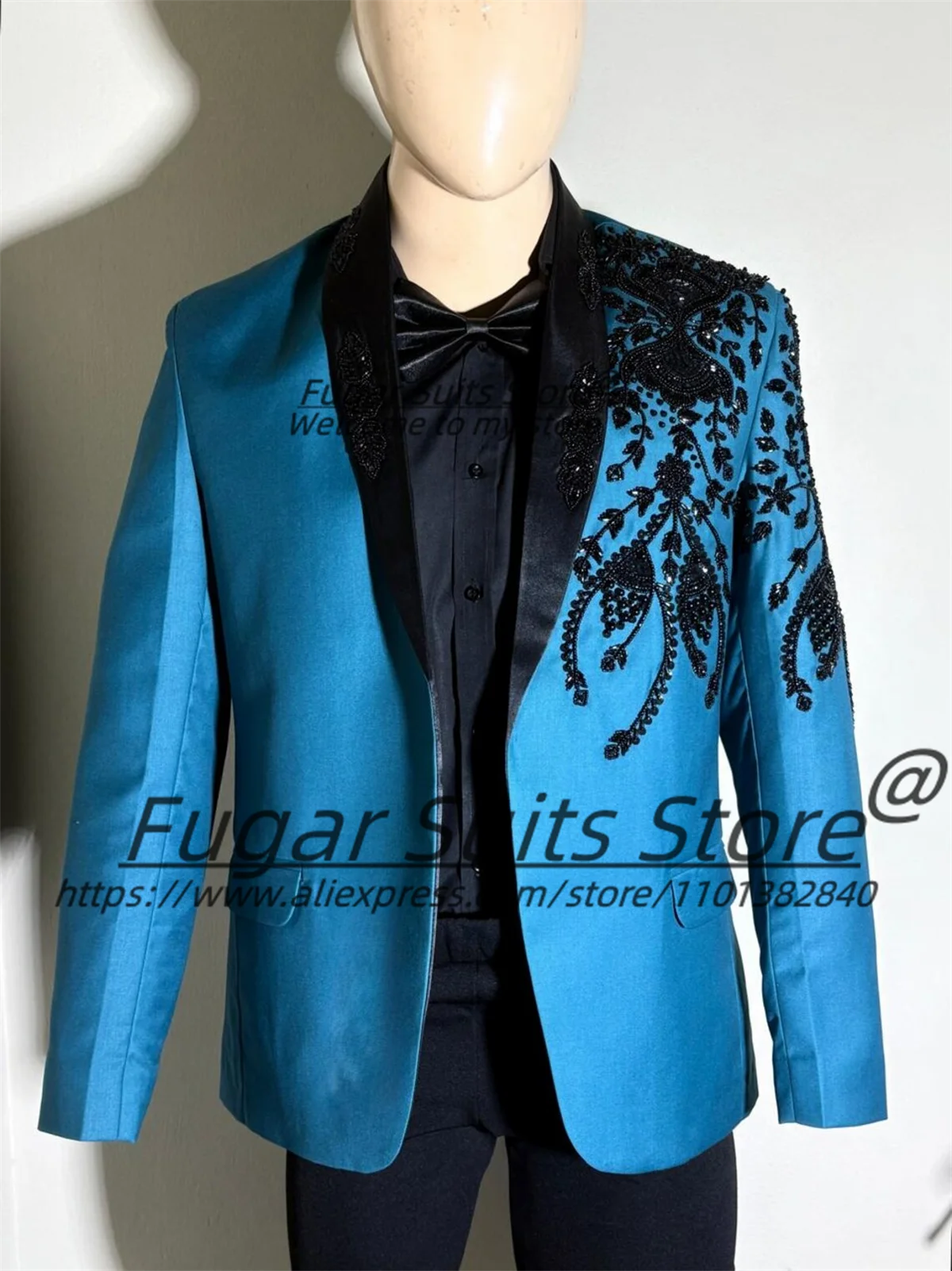 Blue Bead embroidery Men Suits Customized Luxuly Shawl Lapel Groom Wedding Tuxedos 2 Pieces Sets Male Prom Blazers Ropa Hombre