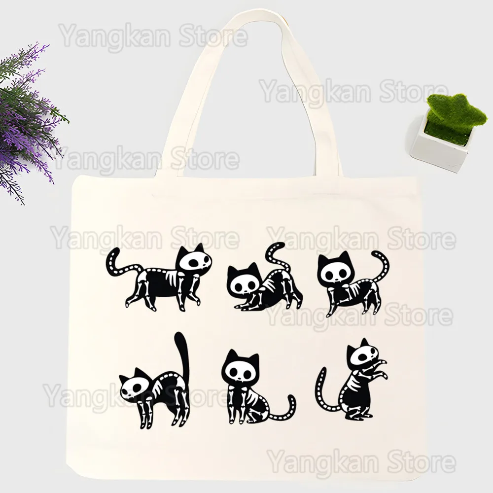 Black Cat Diagram Skeleton Canvas Shoulder Bag Customize  Handbag Ladies Casual Tote Bag Large Capacity Reusable Shopping Bag