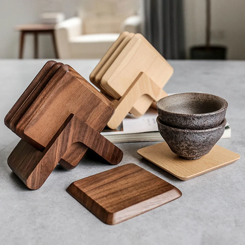 

1/6pcs Tea Coffee Cup Pad Placemats Decor Walnut Wood Coasters Heat Resistant Square Round Drink Mat With Storage Rack Holder