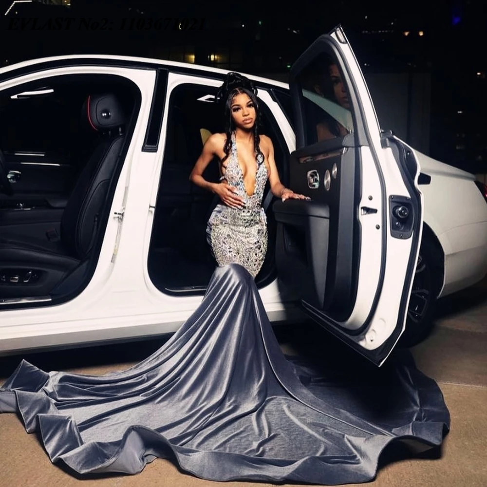 EVLAST Customized Glitter Silver Velvet Mermaid Prom Dress For Black Girls Diamond Crystal Beaded Birthday Party Gown E2P286